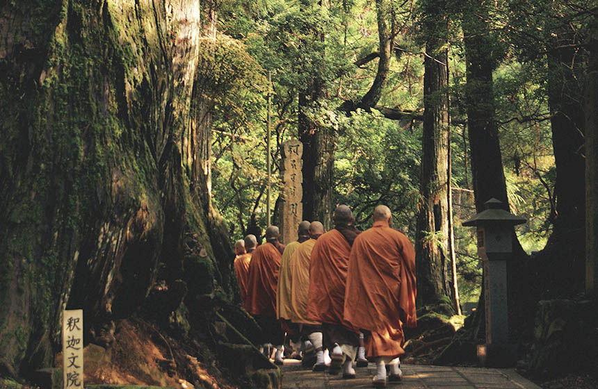Buddhist monks walking in the forest