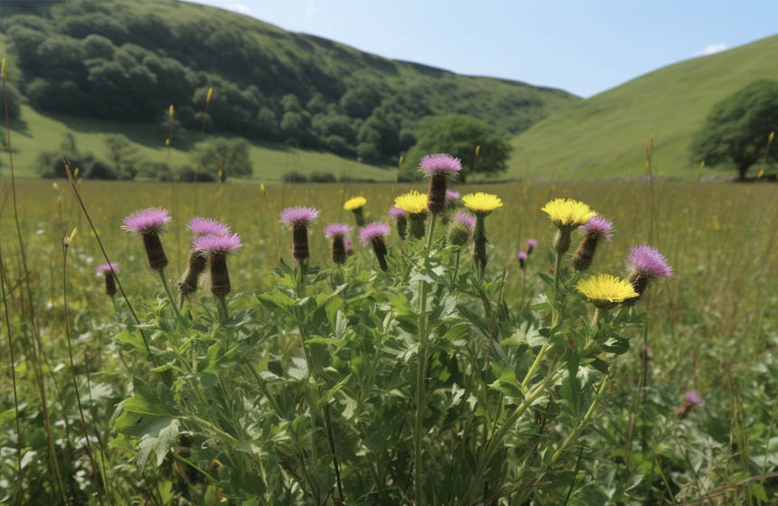 Some thistles and dandylions in a field
