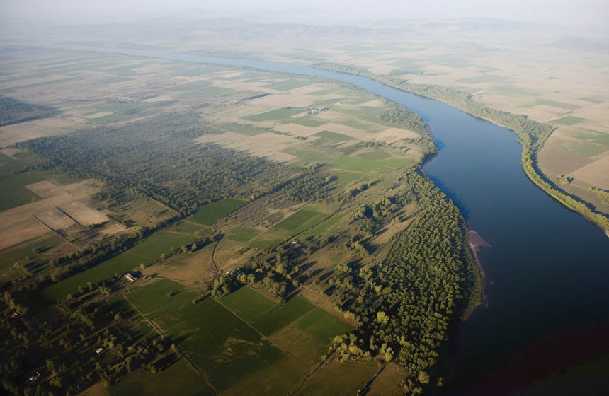 Aerial shot of River and fields