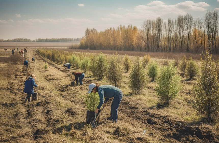 People planting trees in a field.